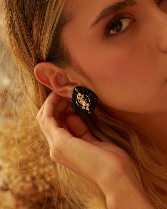 Hand-woven Black Colombian Earrings, Beaded Murano Crystals, and Gold-Plated Pellets Hand-Woven Earrings