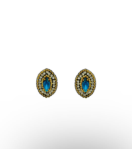 Beaded Hand-Crafted Earrings in Glass Crystals and Gold-Plated Beads, Hand Woven Cluster Stud Earrings, Colombian Earrings